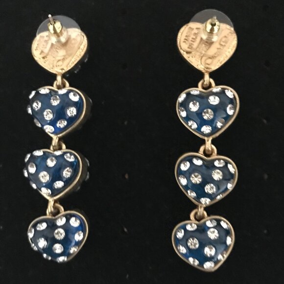 Oscar de la Renta Blue Heart Dangle Earrings Gold Tone Rhinestone Drop Earrings - Picture 3 of 3